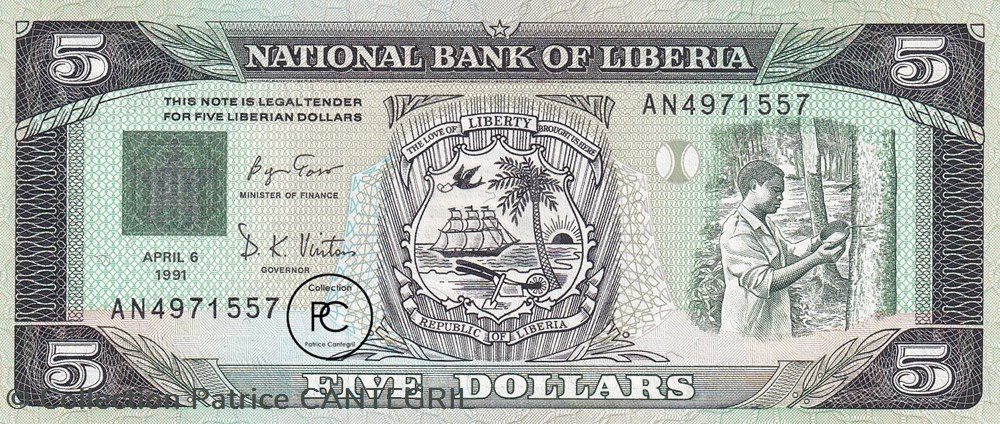 1991 Pick20 5 $ - Dollar libérien Unc billets afrique liberia 1991 pick20 5 dollar liberien unc