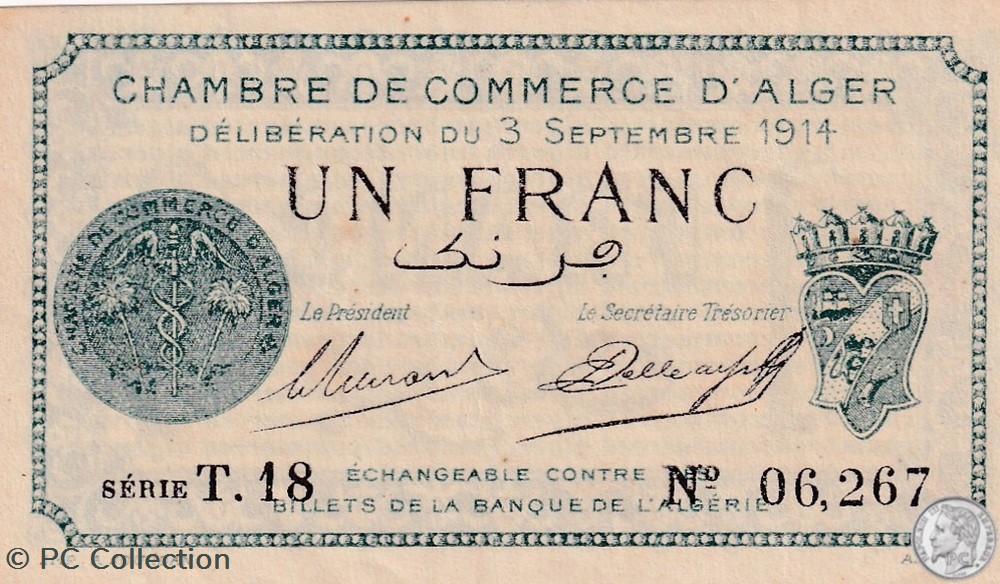137-4-3/9/1914 Alger 1 Franc Cdc. (1) billets afrique algerie 137 4 3 9 1914 alger 1 franc cdc 1