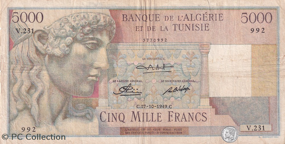 1949 Pick109a V-231 992 5.000 Francs Banque de l'Algérie et de la Tunisie TB billets afrique 1949 pick109a v 231 992 5 000 francs banque de algerie et de la tunisie tb