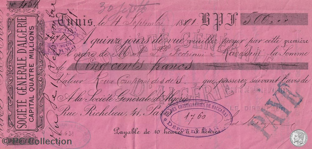COLONIE ALGÉRIE LETTRE DE CHANGE 04.09.1891 BANQUE SOCIÉTÉ GENERALE FISCAL billets afrique colonie algerie lettre de change 04 09 1891 banque societe generale fiscal