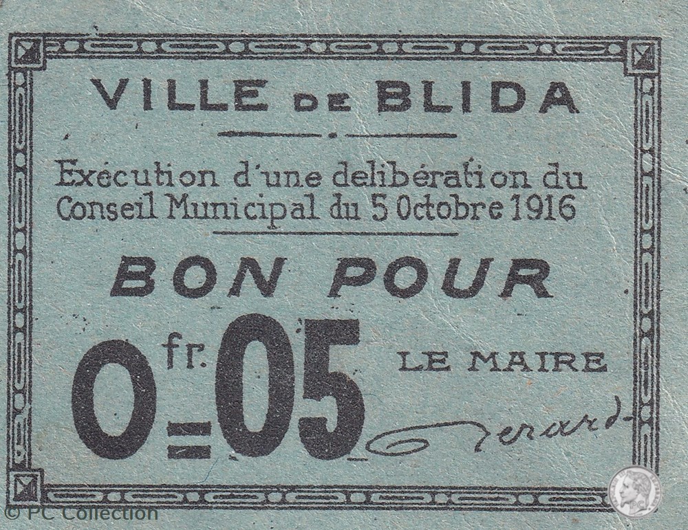 BLIDA 1 - Bleu - 0,05 franc 1916 billets afrique algerie blida 1 bleu 0 05 franc 1916