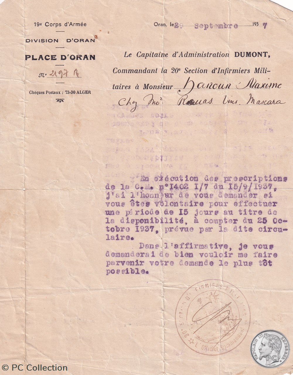 19 éme Corps D'armée Division d'Oran documents anciens 19 eme corps armee division oran