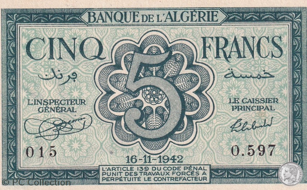 1942 Pick91 5 Franc algérien Unc (1) billets afrique 1942 pick91 5 franc algerien unc 1