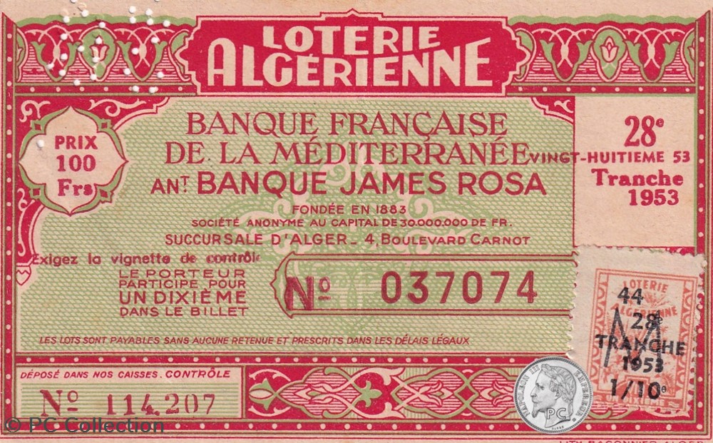 billets afrique loterie algerienne 1 10eme 28eme tranche 1953