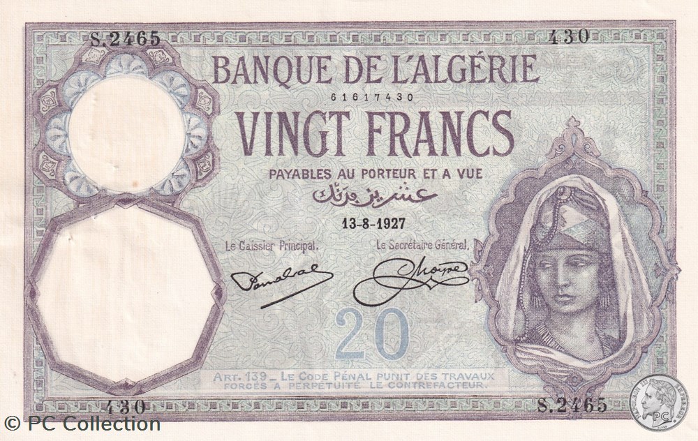 1927 Pick78b 20 Franc algérien 430 SPL billets afrique 1927 pick78b 20 franc algerien 430 spl