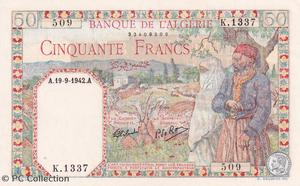 1942 Pick84 50 Franc algérien Unc billets afrique 1942 pick84 50 franc algerien unc