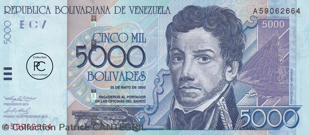 billets amerique du sud 5 000 bolivares banco central de venezuela 25 05 2000 unc pick 84a