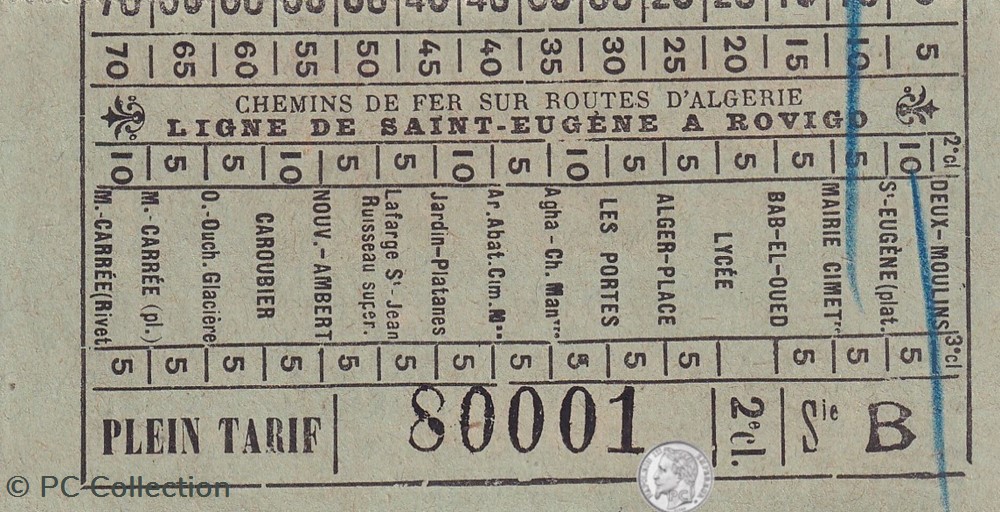 Ticket billet tramway d'Alger "Chemins de Fer sur routes d'Algérie / Ligne St Eugène à Rovigo" documents anciens titres transport ticket billet tramway alger chemins de fer sur routes algerie ligne st eugene a rovigo