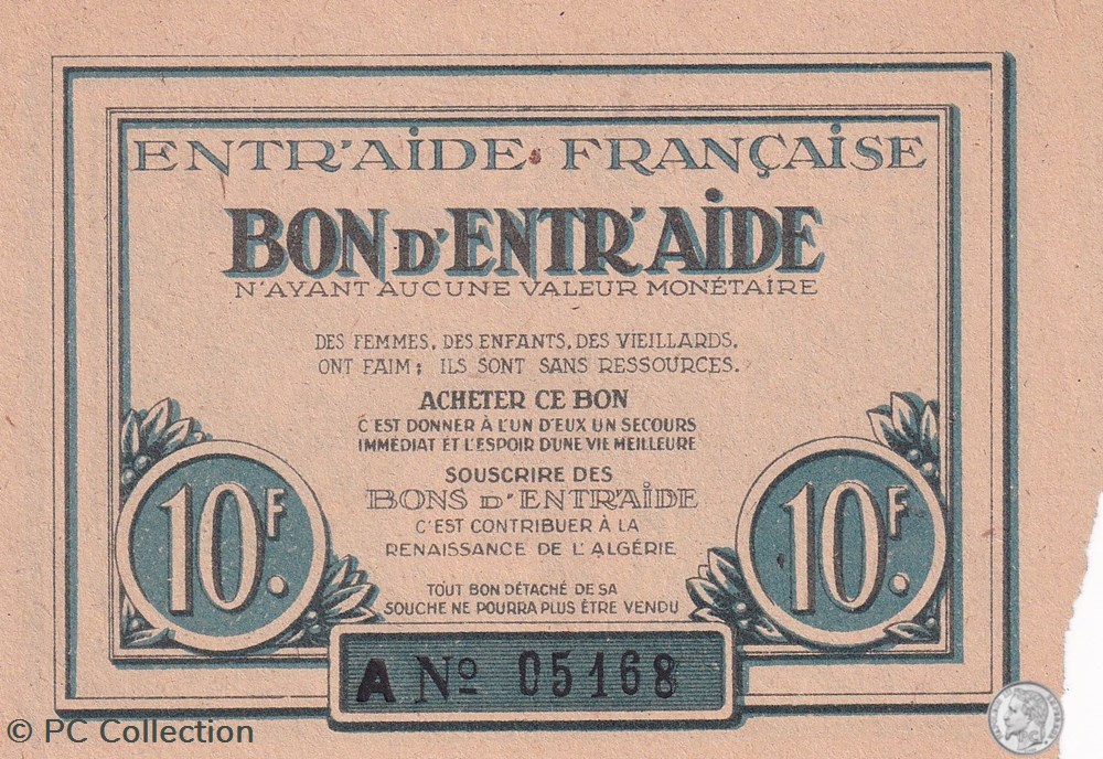 Bon D'Entr'aide 10 F ALGERIE billets afrique bon entr aide 10 f algerie