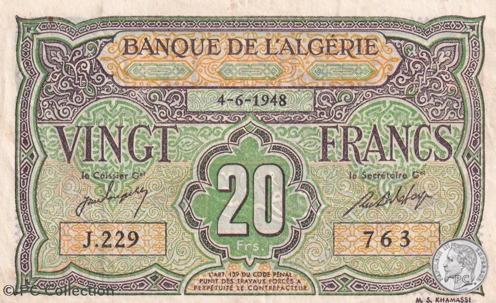 1948 Pick22a 20 Franc algérien Sup billets afrique 1948 pick22a 20 franc algerien sup