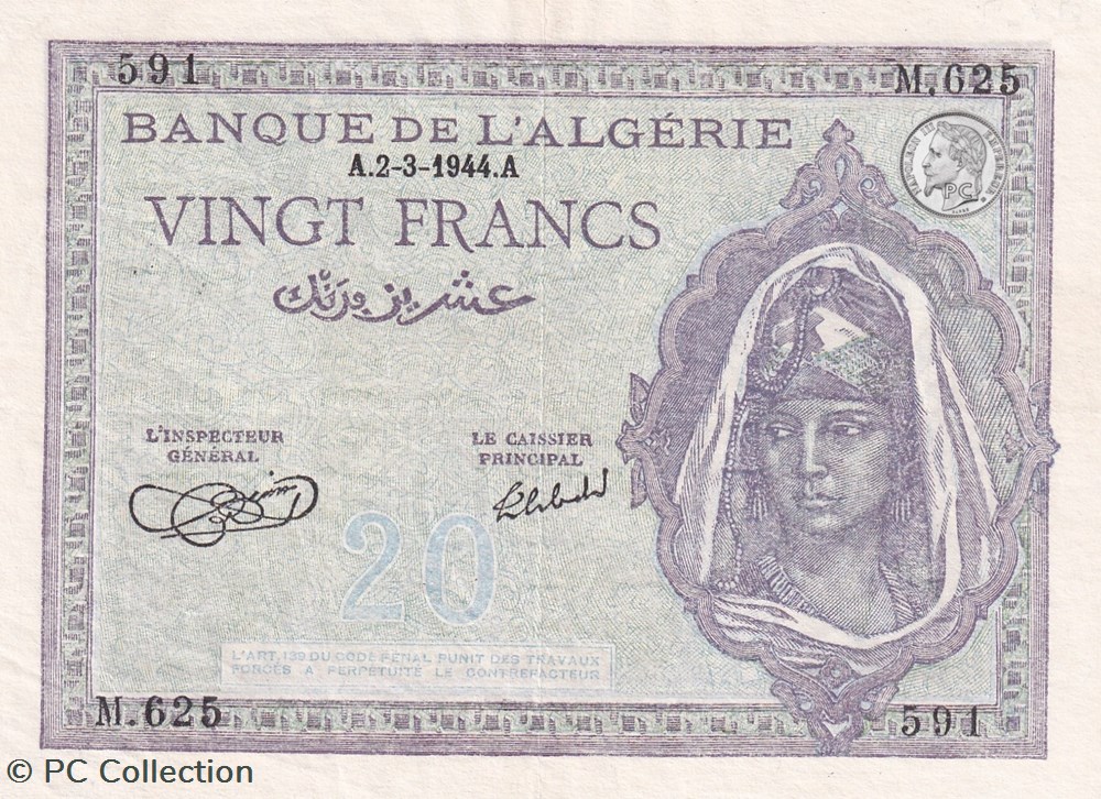 1944 Pick-92b.1 20 Franc algérien Aunc billets afrique 1944 pick 92b 1 20 franc algerien aunc