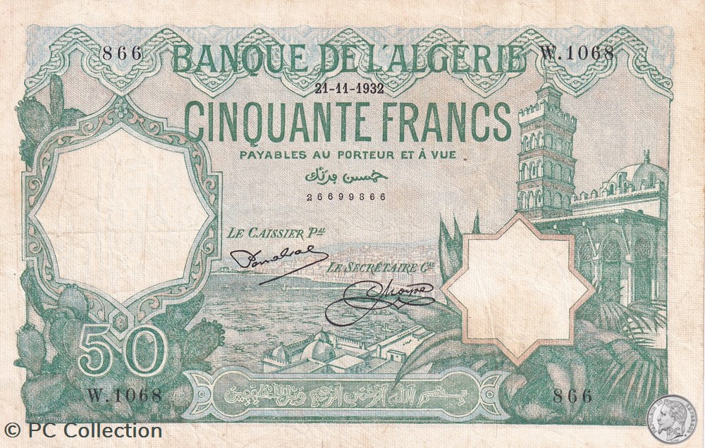 1932 Pick80 50 Franc algérien TTB billets afrique 1932 pick80 50 franc algerien ttb