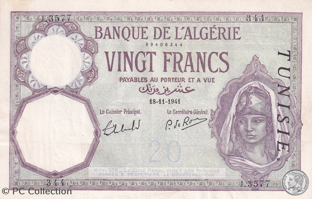 1941 Pick6b.16 Issue Banque de l'Algérie - TUNISIE 20 F - Franc tunisien Sup billets afrique 1941 pick6b 16 issue banque de algerie tunisie 20 f franc tunisien sup