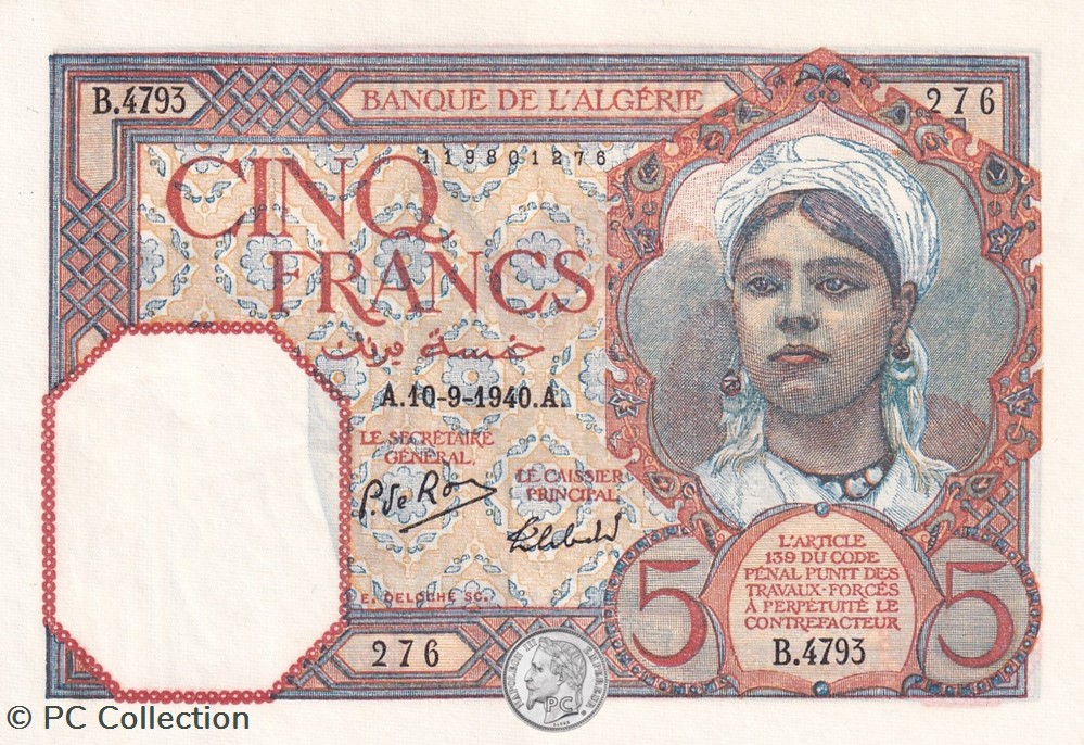 billets afrique 1940 pick77 5 franc algerien 276 unc