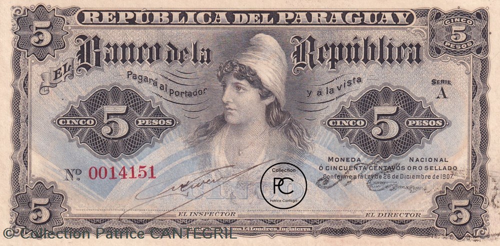 5 Pesos Banco de la República L. 26.12.1907 Spl Pick 156 billets amerique du sud paraguay 5 pesos banco de la republica l 26 12 1907 spl pick 156