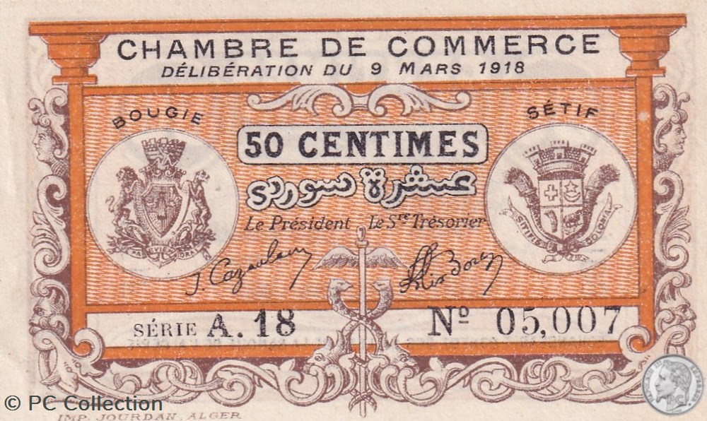 139-3- 9/3/1918 Bougie Sétif 50 cts Cdc Séries A.18 billets afrique algerie 139 3 9 3 1918 bougie setif 50 cts cdc series a 18