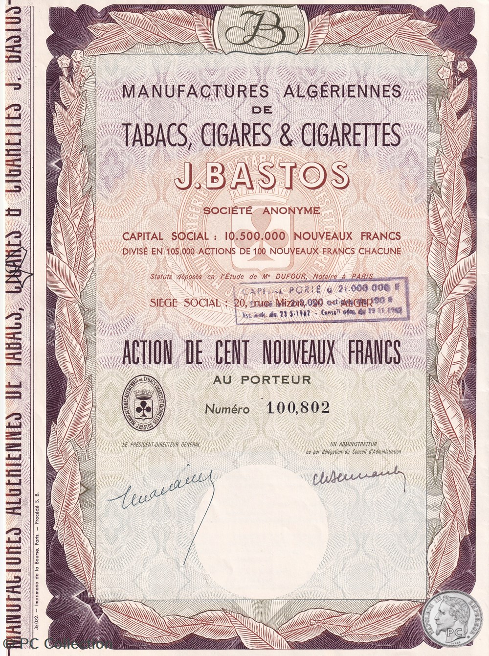 ALGERIE - ALGER 1963 - Ste ALGERIENNES DES TABACS, CIGARES, CIGARETTES : J. BASTOS - ACTION 100 NF documents anciens actions titres algerie alger 1963 ste algeriennes des tabacs cigares cigarettes j bastos action 100 nf