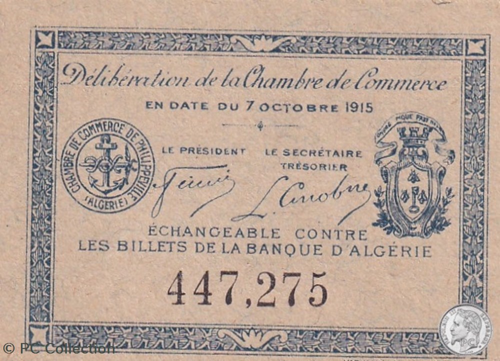 142-13- 7/10/1915 Philippeville 10cts Bleu billets afrique algerie 142 13 7 10 1915 philippeville 10cts bleu