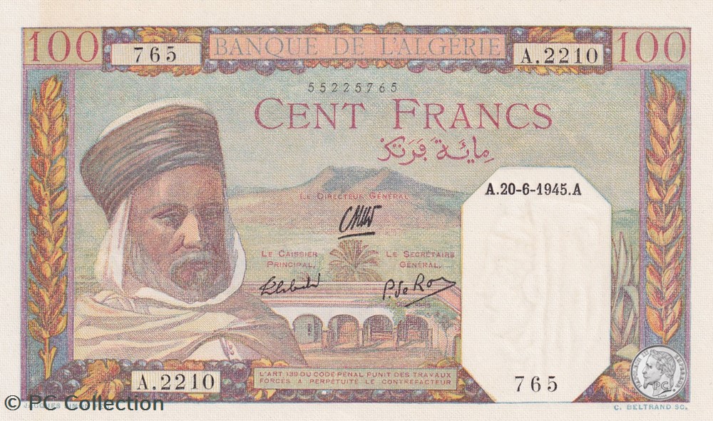 1945 Pick 85 100 Franc algérien 765 Unc billets afrique 1945 pick 85 100 franc algerien 765 unc