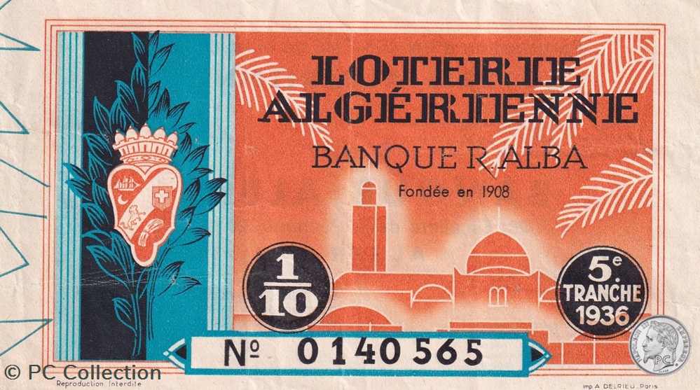 Loterie Algérienne 1/10éme 5éme Tranche 1936 billets afrique loterie algerienne 1 10eme 5eme tranche 1936