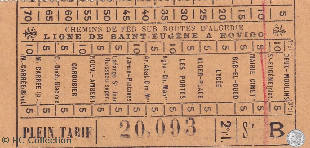 Ticket billet tramway d'Alger "Chemins de Fer sur routes d'Algérie / Ligne St Eugène à Rovigo" documents anciens titres transport ticket billet tramway alger chemins de fer sur routes algerie ligne st eugene a rovigo