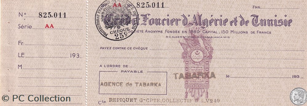Chèque 25 c Crédit Foncier Algérie Tunisie billets afrique cheque 25 c credit foncier algerie tunisie