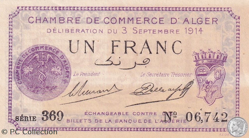 137-1 -3/9/1914 Alger 1 Franc Cdc. (6) billets afrique algerie 137 1 3 9 1914 alger 1 franc cdc 6
