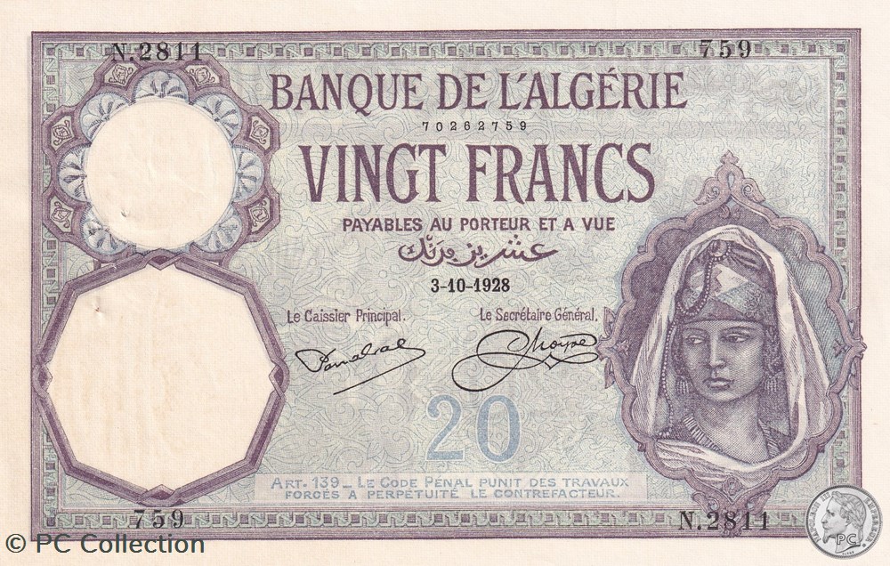 1928 Pick78b 759 20 Franc algérien Spl billets afrique 1928 pick78b 759 20 franc algerien spl