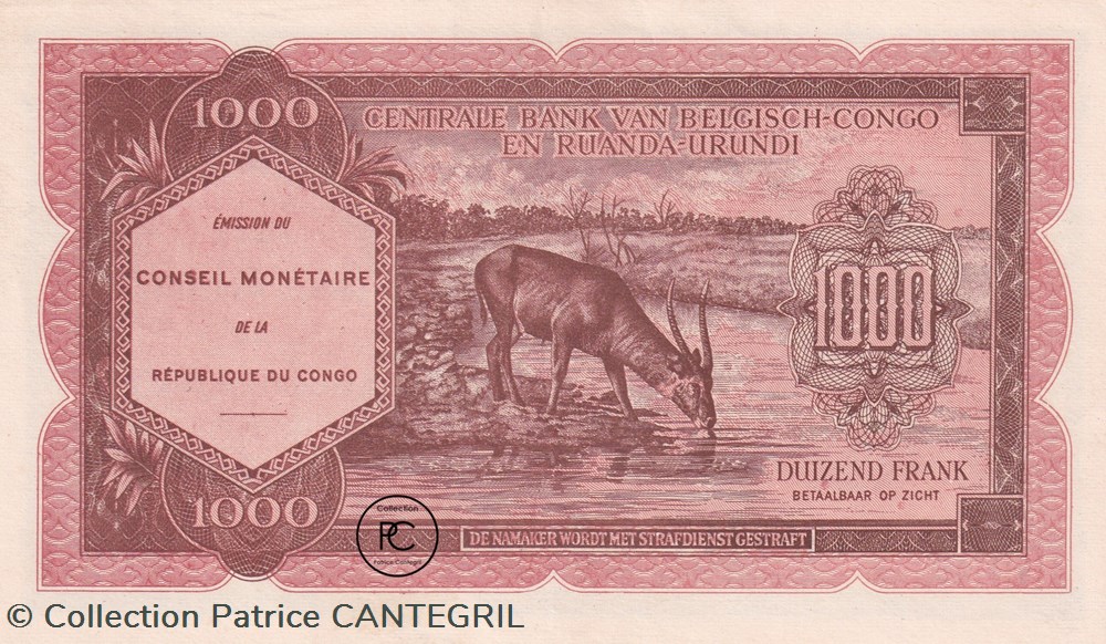 1962 Pick2a 1 000 FC - Franc congolais Unc billets afrique republique du 1962 pick2a 1 000 fc franc congolais unc