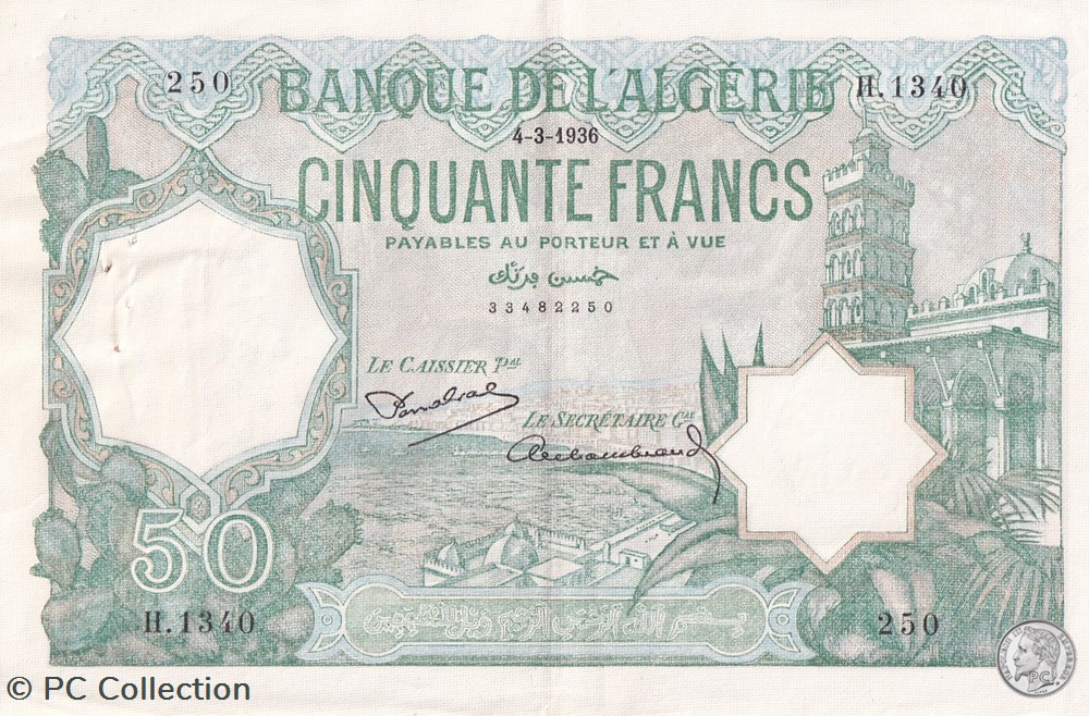 billets afrique 1936 pick80 50 franc algerien sup
