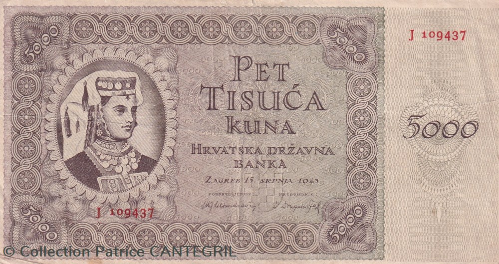 billets europe croatie 1943 pick 14a 5 000 kuna hrvatska drzavna banka ttb