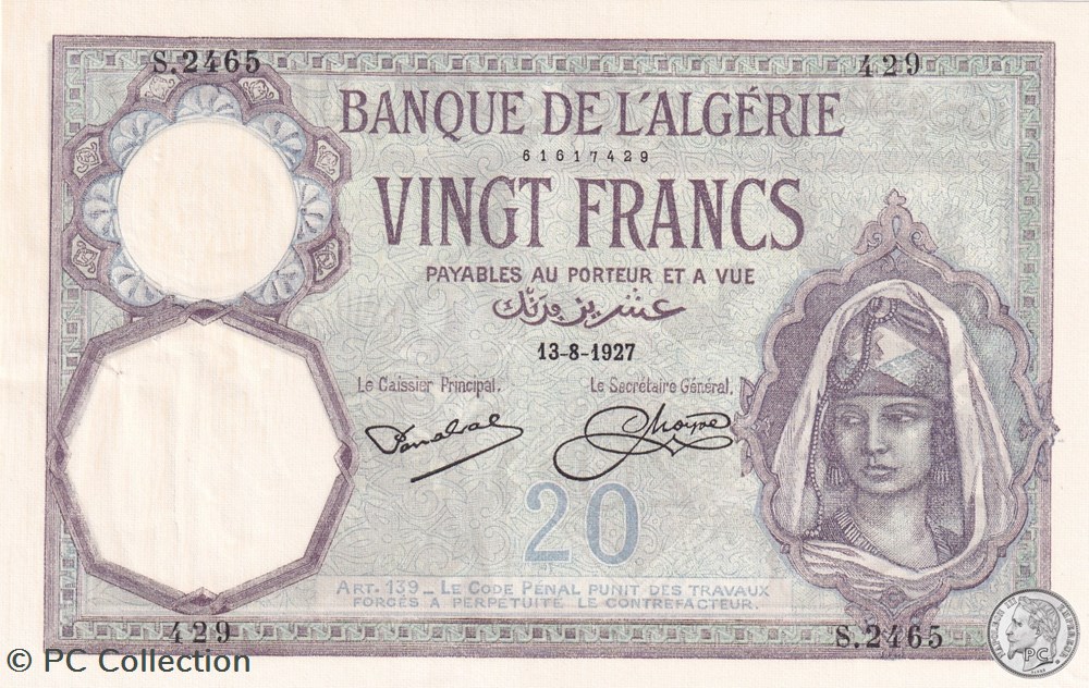 1927 Pick78b 20 Franc algérien 429 SPL billets afrique 1927 pick78b 20 franc algerien 429 spl