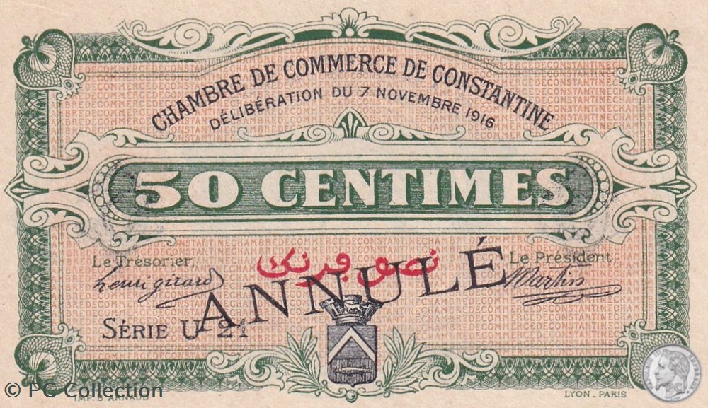 billets afrique algerie 140 7 7 11 1916 constantine 50 centimes cdc series annule