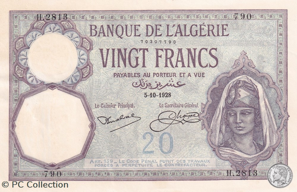 billets afrique 1928 pick78b 790 20 franc algerien sup