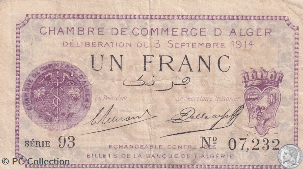 billets afrique algerie 137 1 3 9 1914 93 07 232 alger 1 franc cdc 1