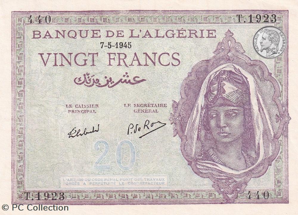 1945 Pick92b.3 20 Franc algérien 440 Unc billets afrique 1945 pick92b 3 20 franc algerien 440 unc
