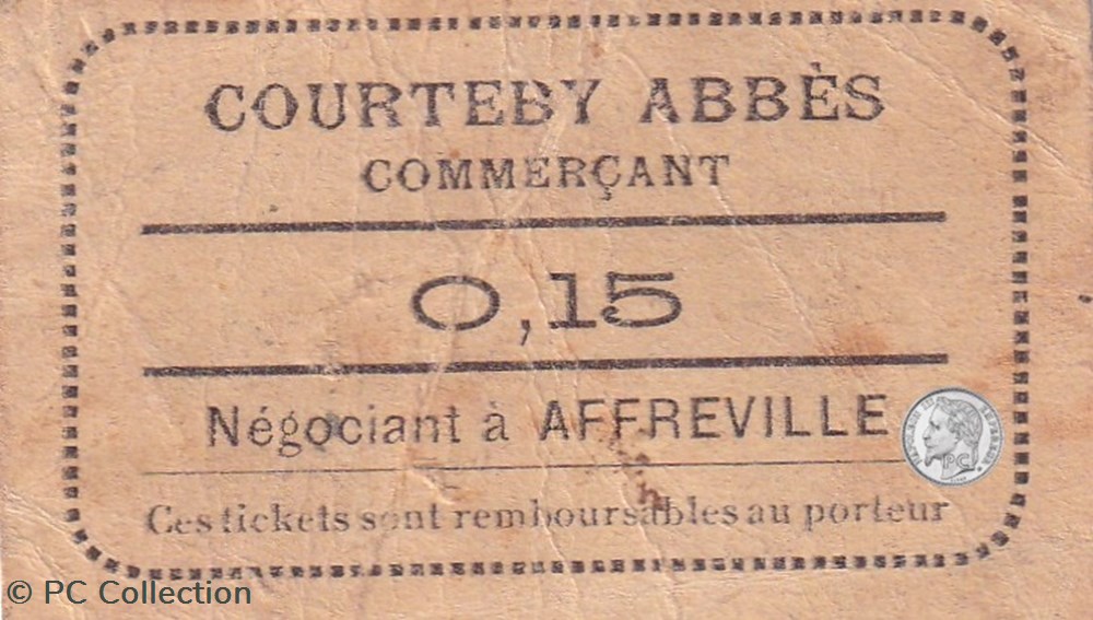 *Très Rares 1914-1918 -ALGERIE -AFFREVILLE / COURTEBY ABBES - COMMERCANT Bon de 0.15 Centimes billets afrique tres rares 1914 1918 algerie affreville courteby abbes commercant bon de 0 15 centimes
