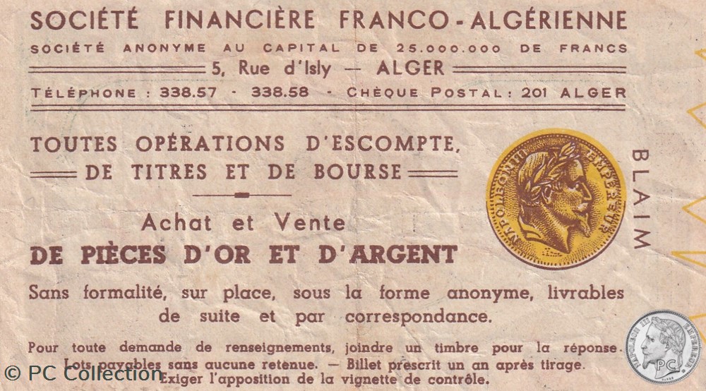 billets afrique societe financiere franco algerienne 1 10eme 35eme tranche 1954