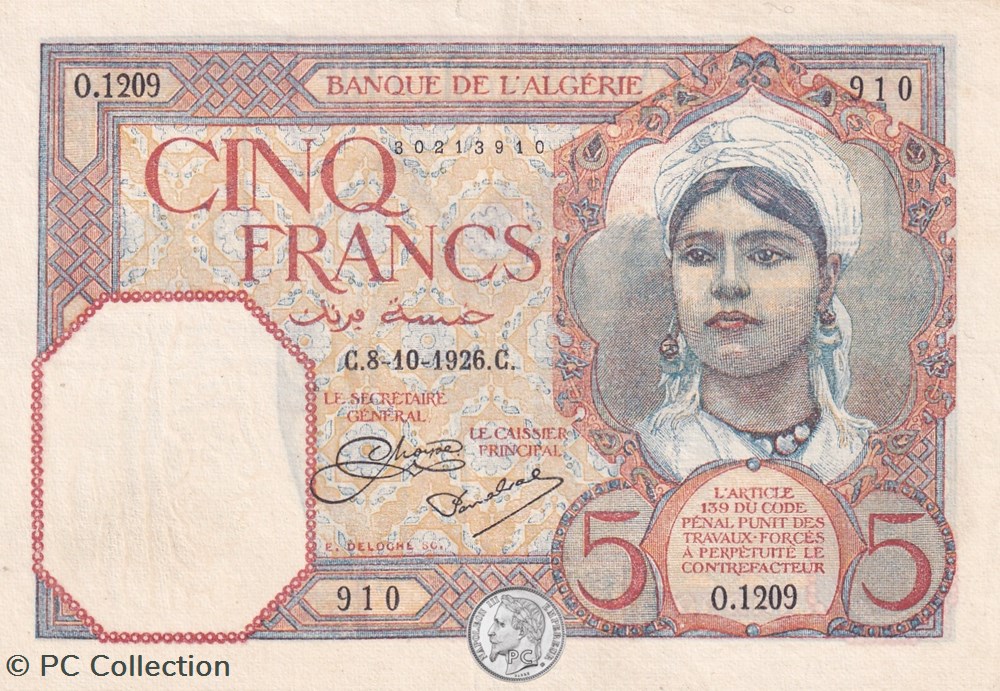 1926 Pick77a 5 Franc algérien Sup billets afrique 1926 pick77a 5 franc algerien sup
