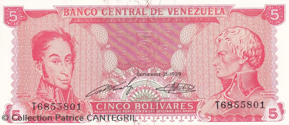 1989 Pick 70a 5 Bolívares Banco Central de Venezuela Unc billets amerique du sud 1989 pick 70a 5 bolivares banco central de venezuela unc