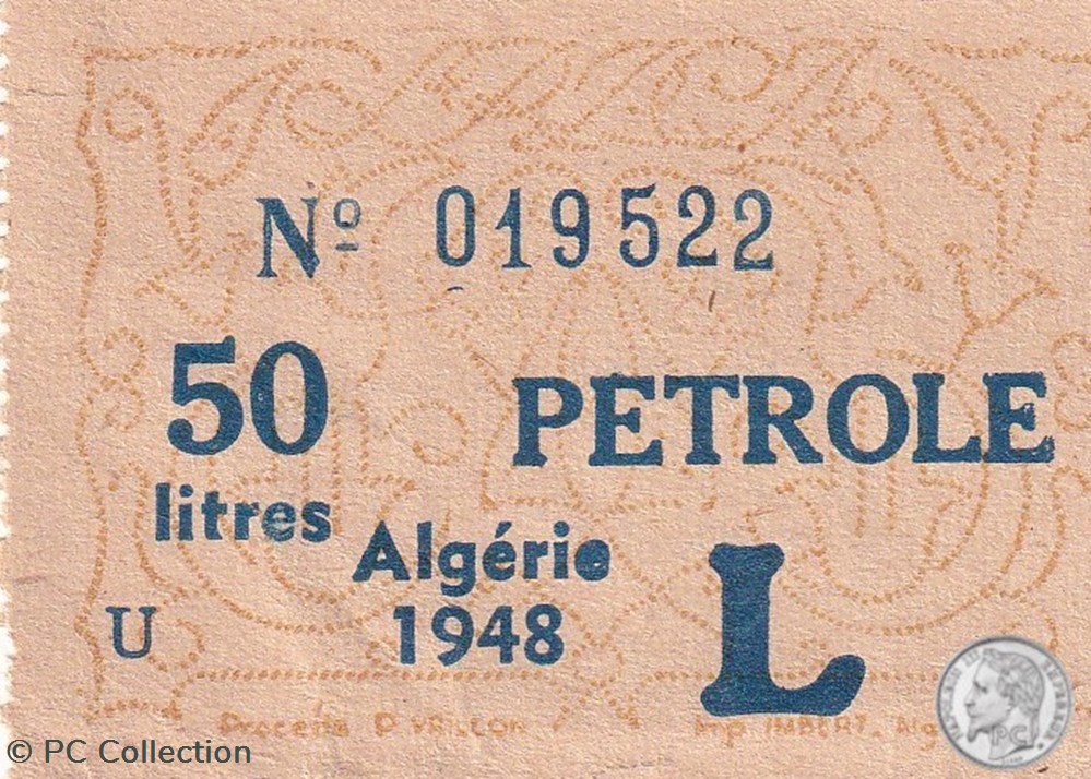 billets afrique rare bon 50 litres de petrole 1948 algerie
