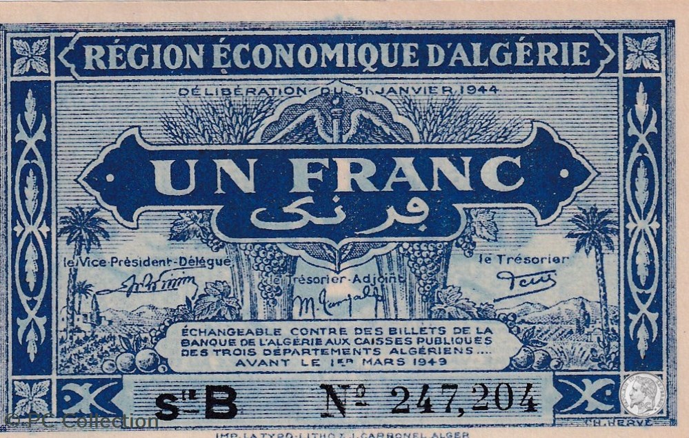 1944 Pick98a 1 Franc algérien Unc billets afrique 1944 pick98a 1 franc algerien unc
