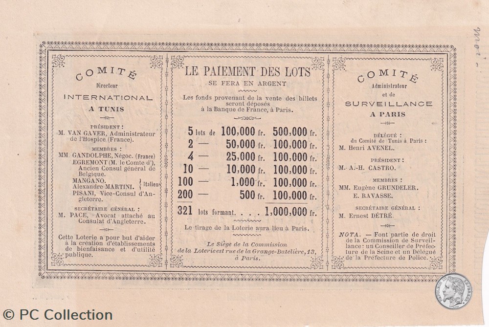 Loterie Tunisienne 1 Franc 1882 billets afrique loterie tunisienne 1 franc 1882