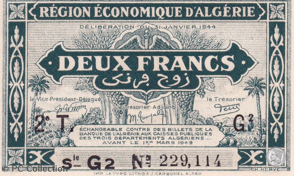 billets afrique 1944 pick102 g2 2 franc algerien unc