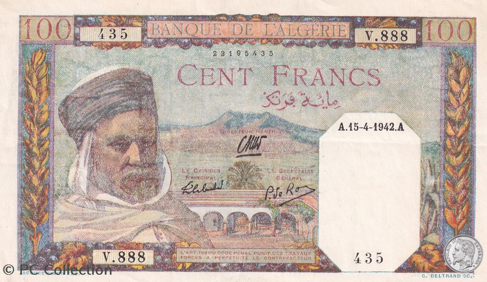 1942 Pick88 435 100 Franc algérien Sup+ billets afrique 1942 pick88 435 100 franc algerien sup
