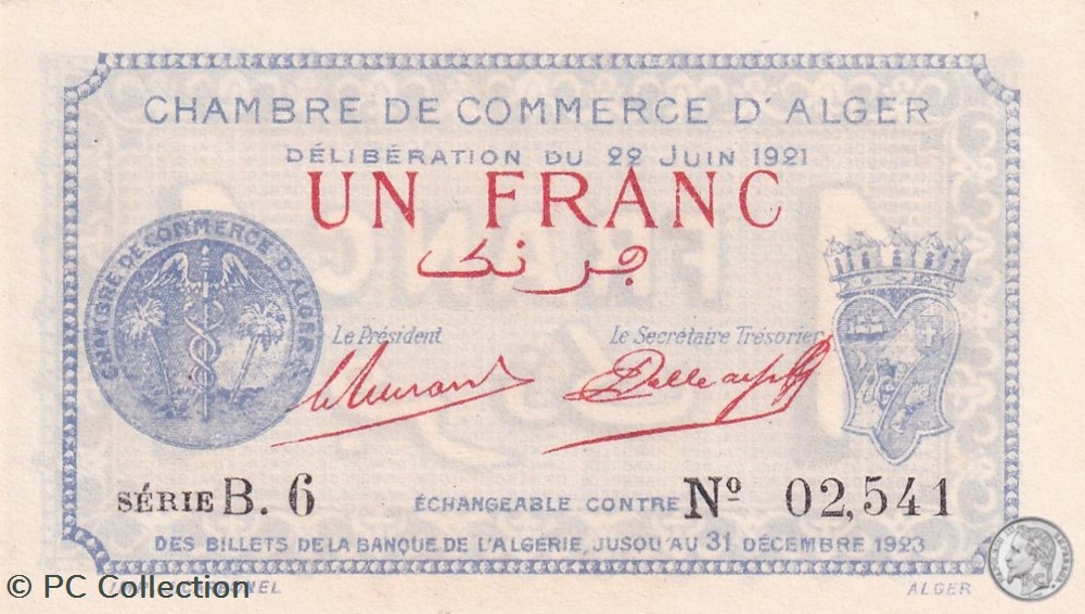 137-18-22/6/1921 Alger 1 Franc Cdc.(1) billets afrique algerie 137 18 22 6 1921 alger 1 franc cdc 1