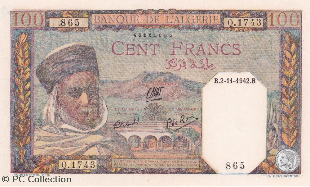1942 Pick88 865 100 Franc algérien Unc billets afrique 1942 pick88 865 100 franc algerien unc