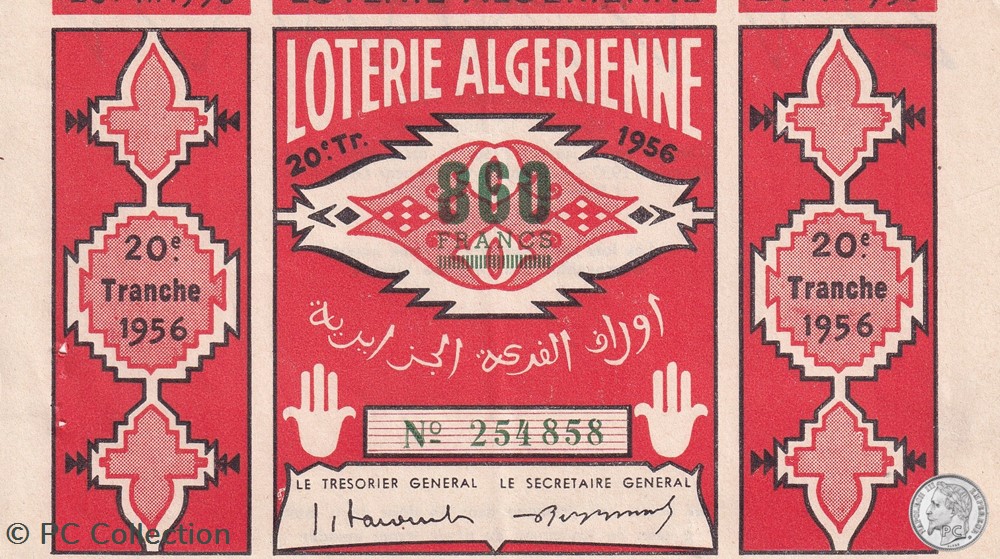 Loterie Algérienne 20éme Tranche 1956 billets afrique loterie algerienne 20eme tranche 1956
