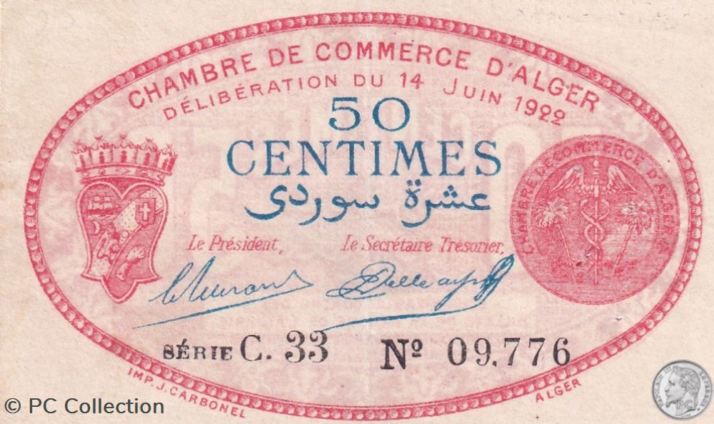 137-23-14/6/1922 Alger 50 cts Cdc. (1) billets afrique algerie 137 23 14 6 1922 alger 50 cts cdc 1