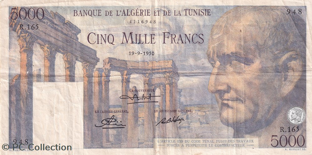 1950 5 000 F - Franc tunisien Pick30a.3 billets afrique algerie 1950 5 000 f franc tunisien pick30a 3